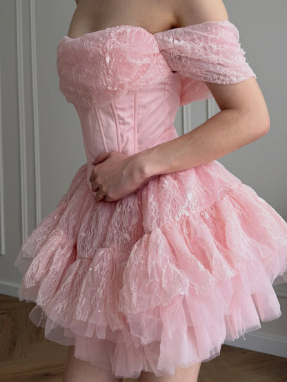 Off-the-Shoulder Corset Tiered Tulle Mini Dress