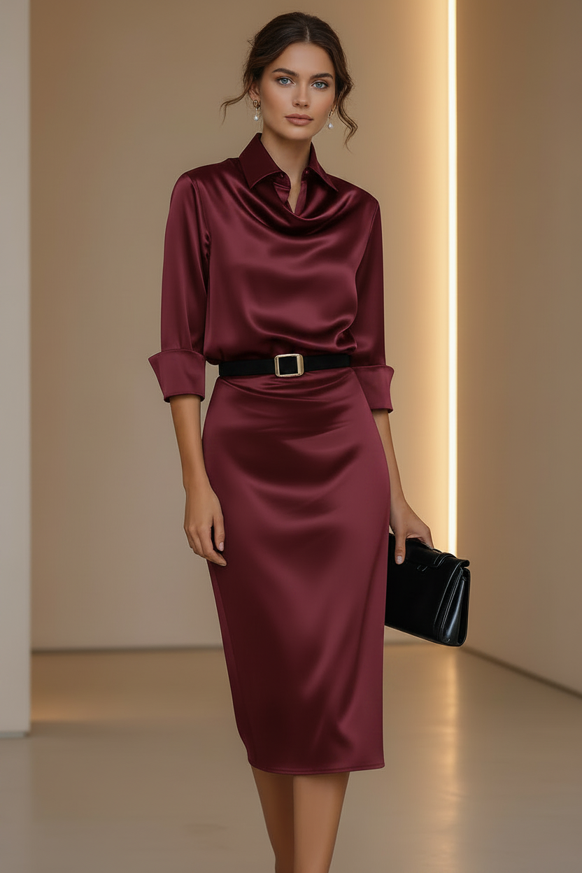 Satin Belted Shirt Dress with Cowl Neck & Back Slit