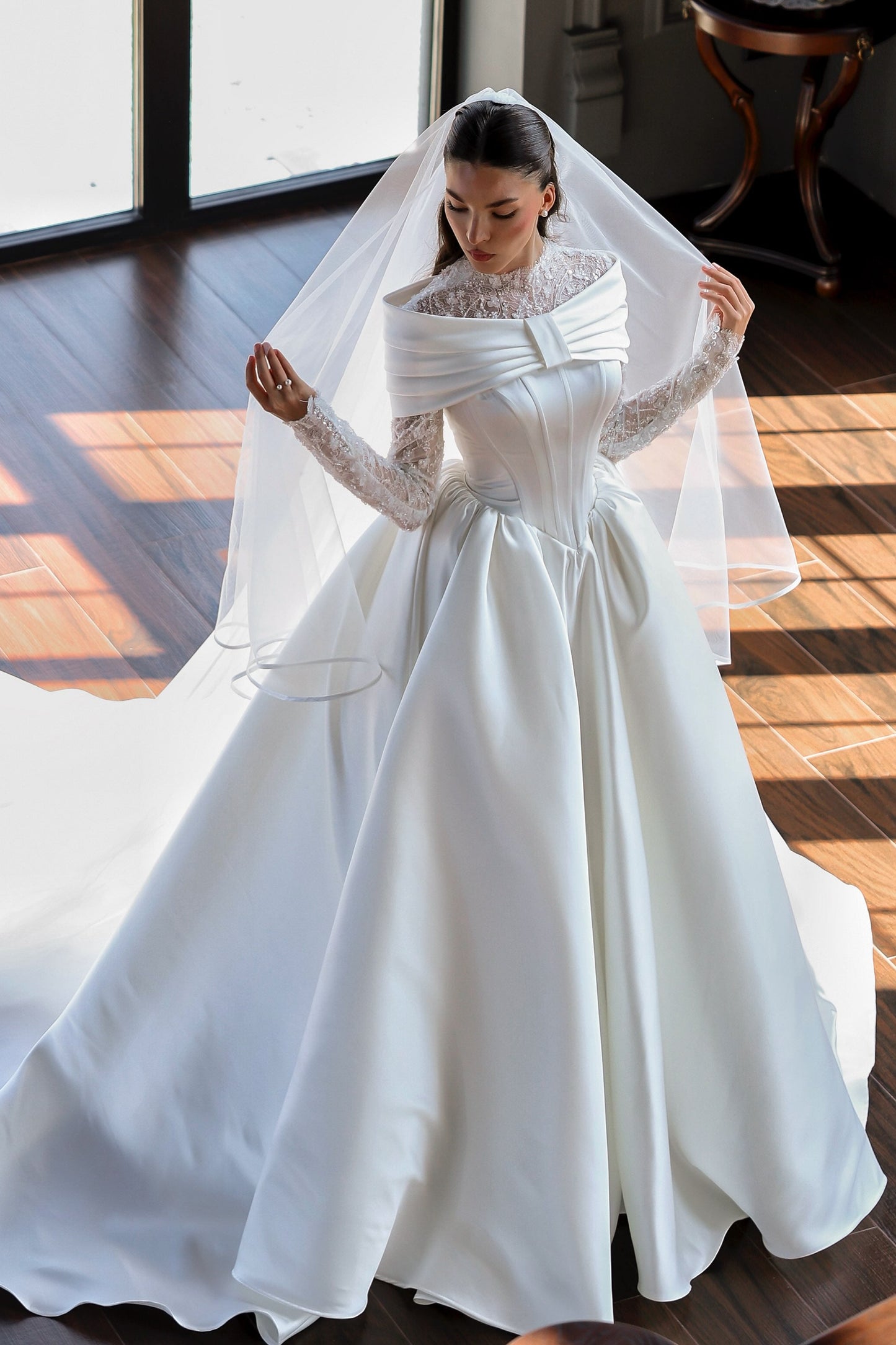 Lace High-Neck Ball Gown Wedding Dress with Train
