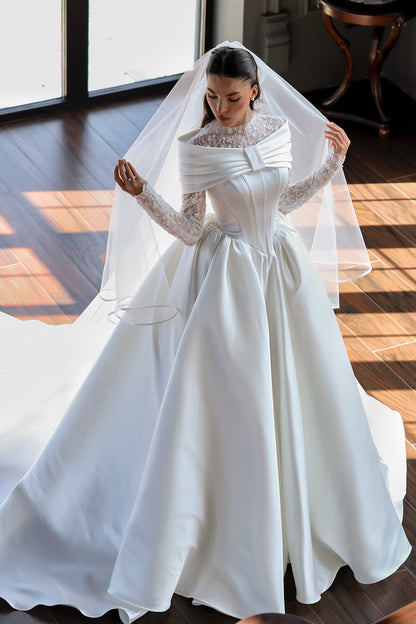 Lace High-Neck Ball Gown Wedding Dress with Train