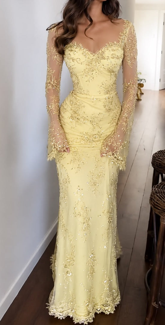 Embroidered Lace Gown with Flared Long Sleeves