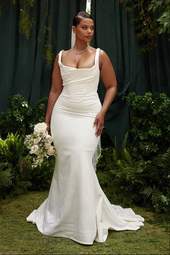 Cowl Neck Satin Mermaid Wedding Dress with Buttons
