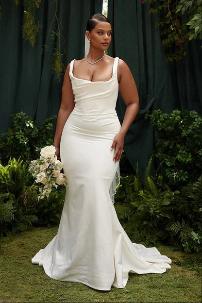 Cowl Neck Satin Mermaid Wedding Dress with Buttons