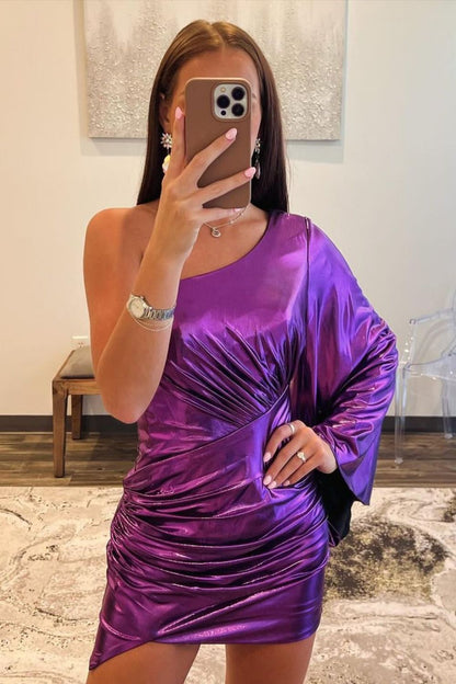 One-Shoulder Ruched Metallic Bodycon Mini Dress