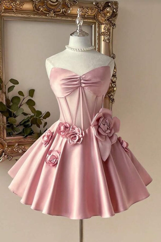 Strapless Corset Satin Mini Dress with 3D Flowers