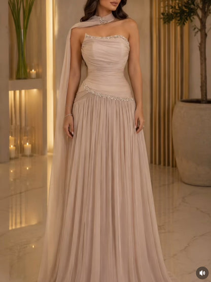 Ruched Strapless A-Line Gown with Choker Cape
