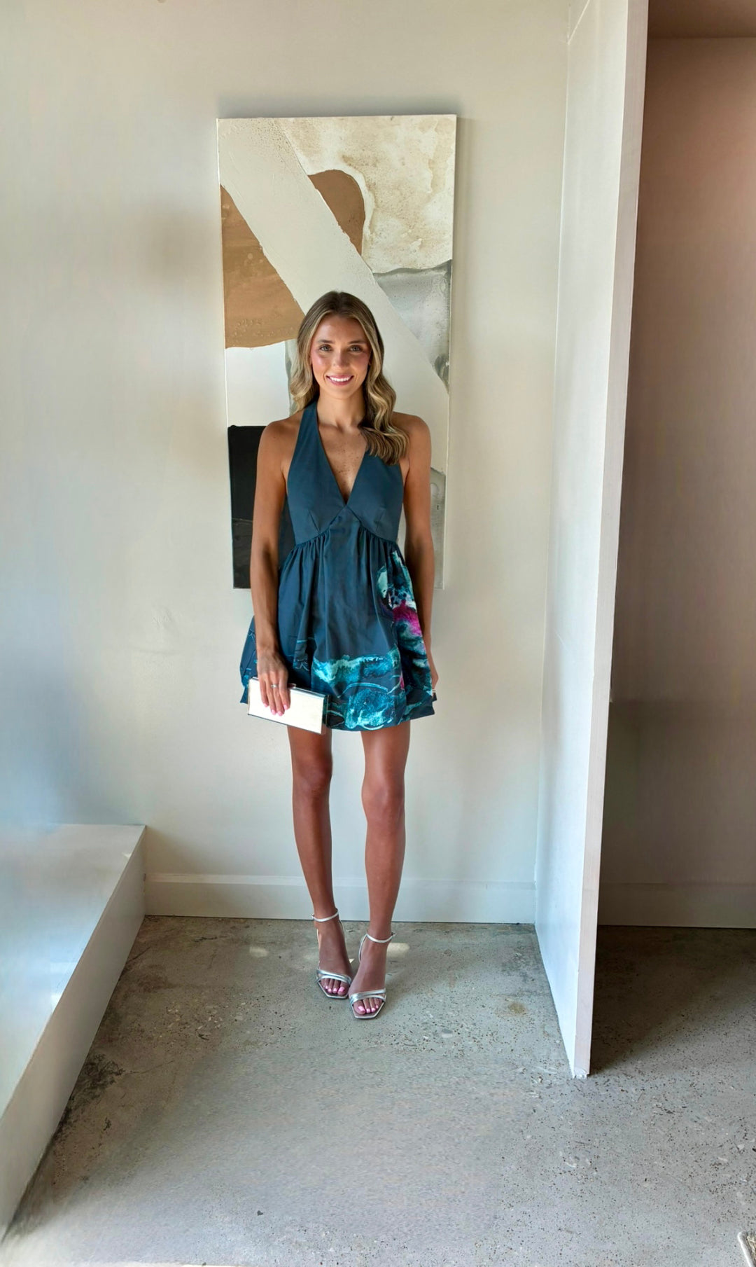 Halter V-Neck Bubble Skirt Mini Dress