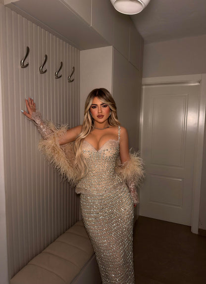 Beaded Corset Evening Gown with Feather Sleeves