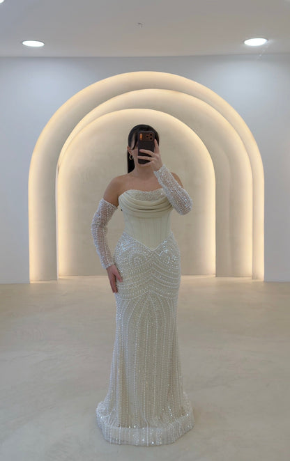 Beaded Corset Mermaid Gown with Detached Sleeves
