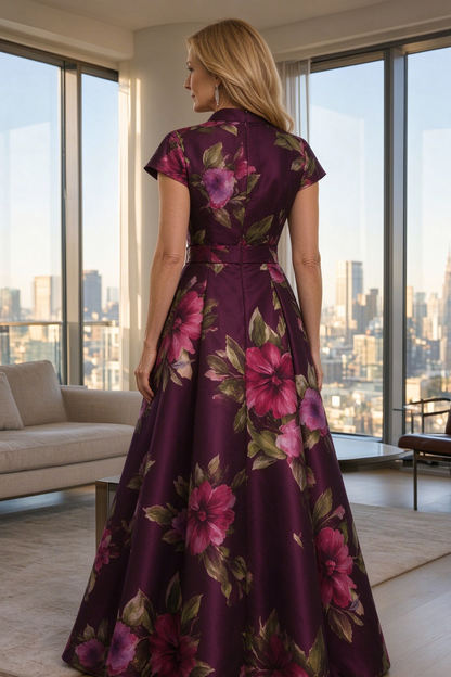 Floral Print A-Line Belted Evening Gown