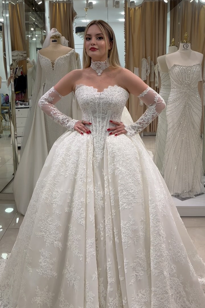 Lace Corset Ball Gown Wedding Dress with Sleeves