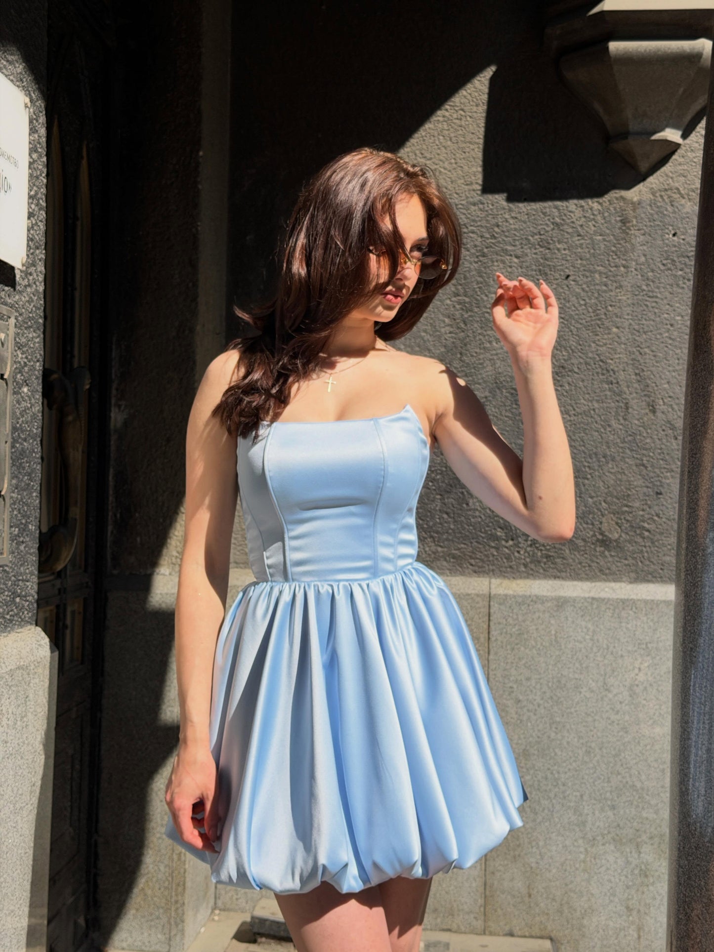 Strapless Satin Corset Mini Dress with Bubble Skirt