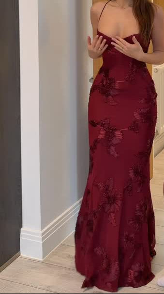 Floral Applique Spaghetti Strap Mermaid Gown