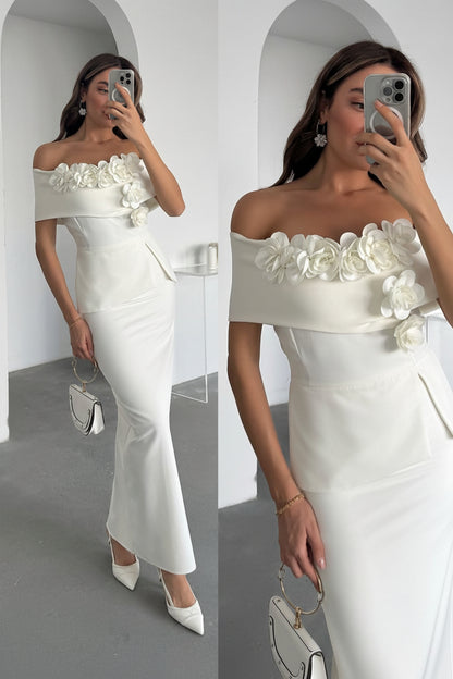 Off Shoulder 3D Flower Maxi Evening Dress