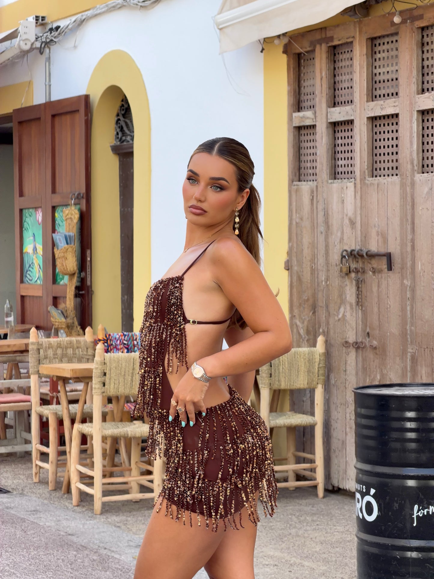 Fringe Sequin Cut-Out Mini Dress