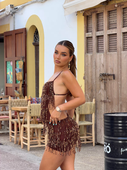 Fringe Sequin Cut-Out Mini Dress