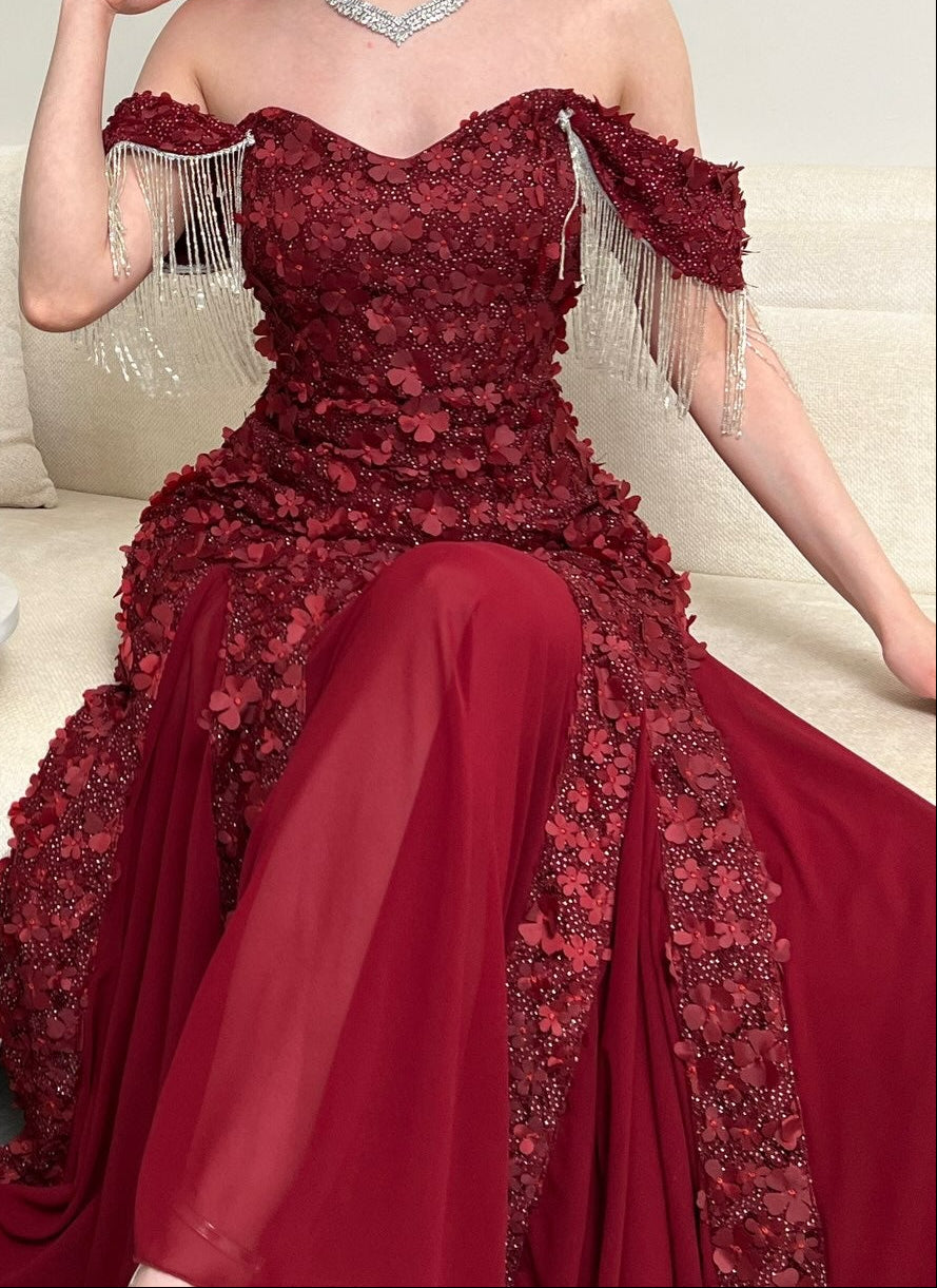 3D Floral Off-the-Shoulder Gown with Fringe