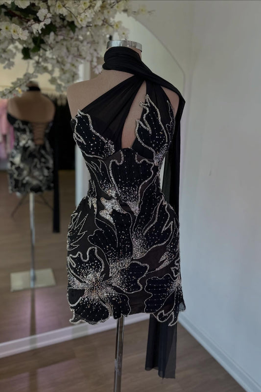 Asymmetrical Beaded Corset Mini Dress