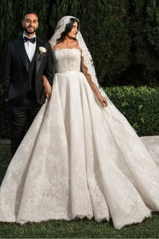 Strapless Lace Ball Gown Wedding Dress with Train