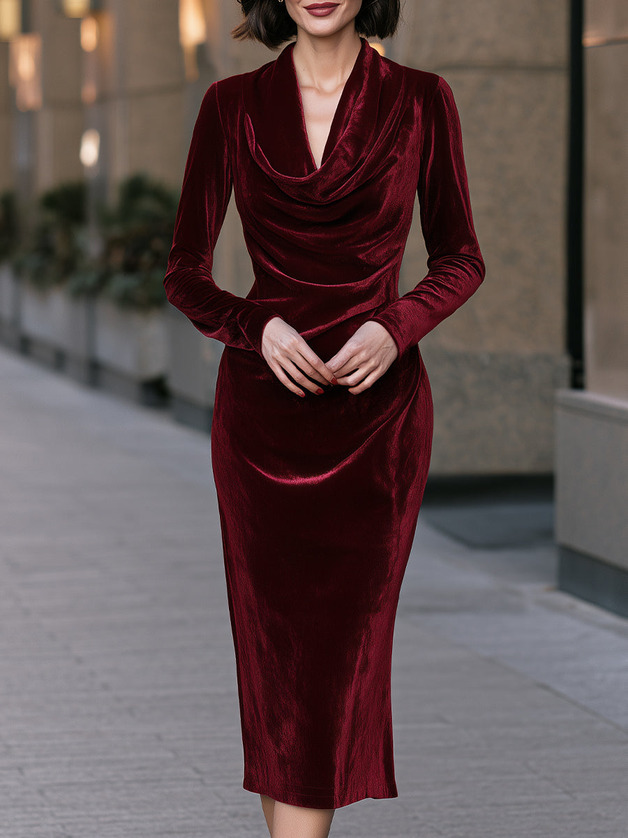 Cowl Neck Long Sleeve Velvet Midi Sheath Dress