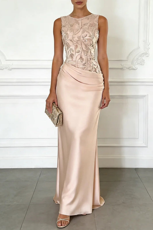 Satin Sheath Evening Gown with Embroidered Bodice