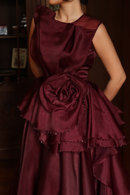 Sleeveless Maxi Gown with Rosette Peplum