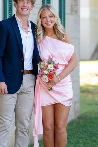 Ruched Satin One-Shoulder Mini Dress