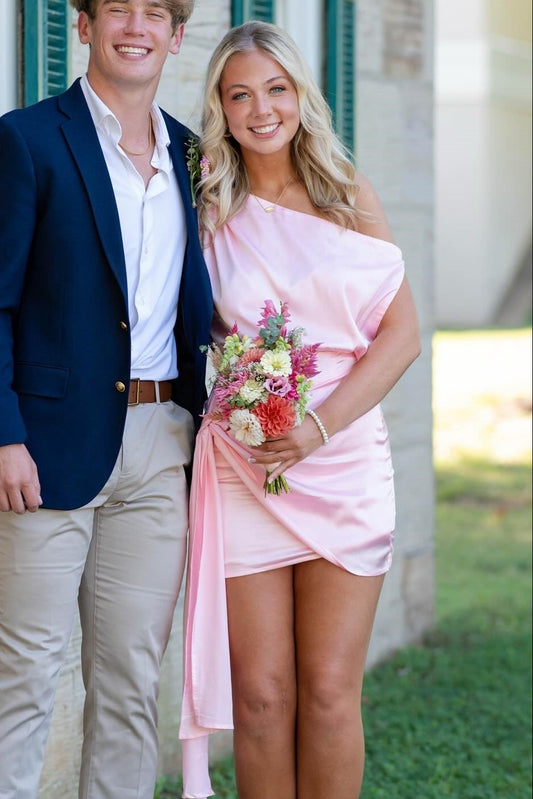 Ruched Satin One-Shoulder Mini Dress