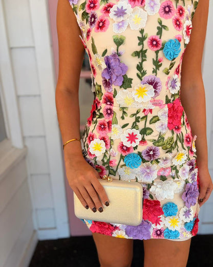 3D Floral Embroidered High Neck Mini Dress