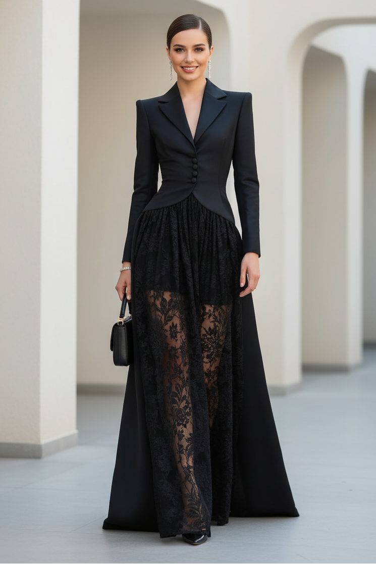 Blazer-Top Lace Skirt Long Sleeve Formal Gown