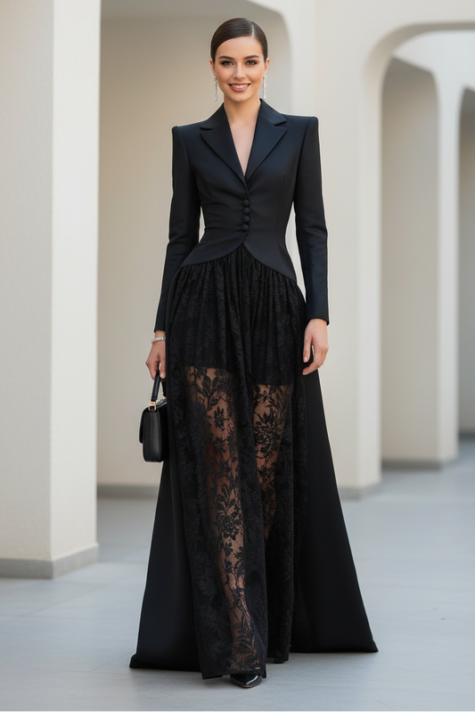 Blazer-Top Lace Skirt Long Sleeve Formal Gown