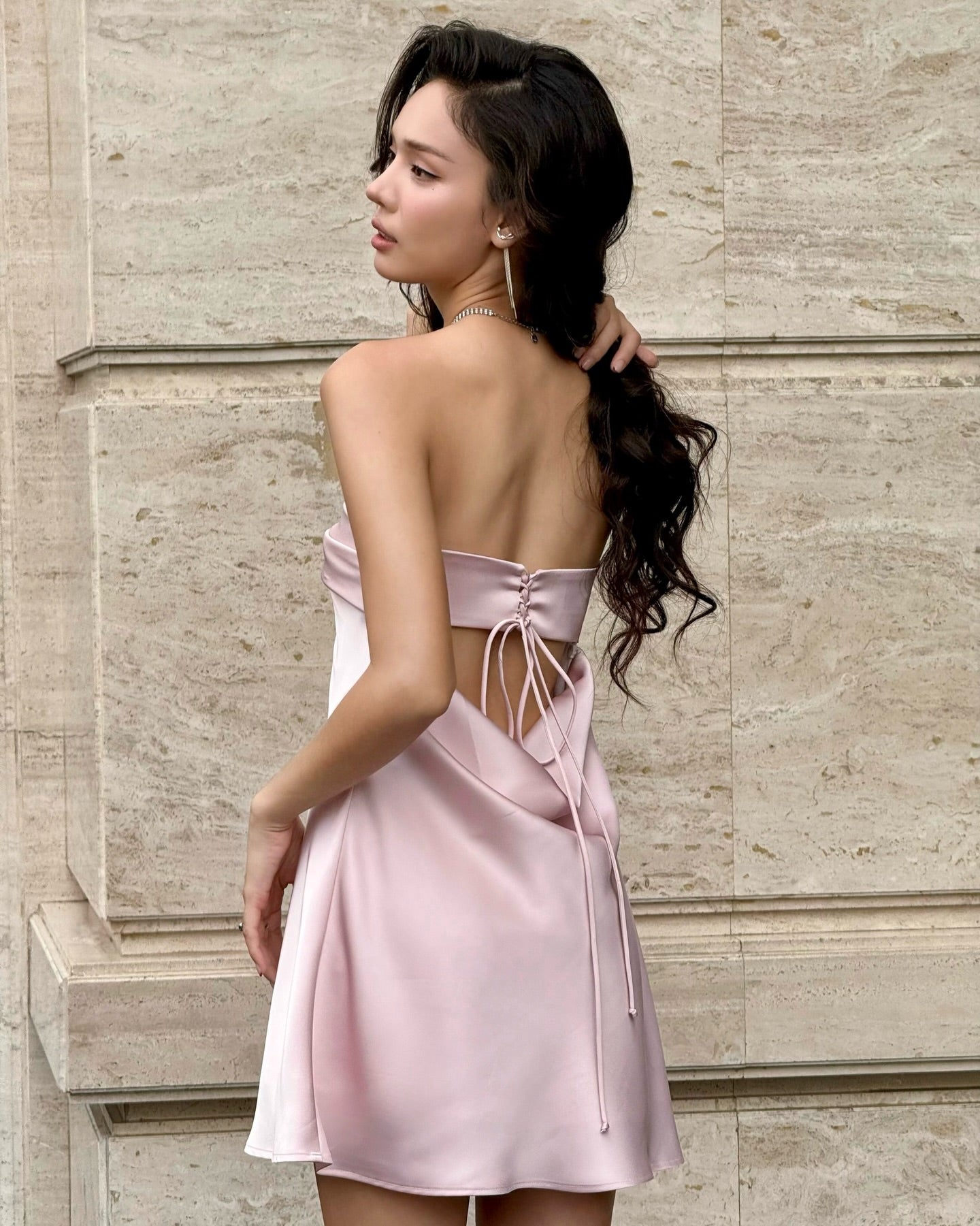 Strapless Lace-Up Satin Cowl Back Mini Dress