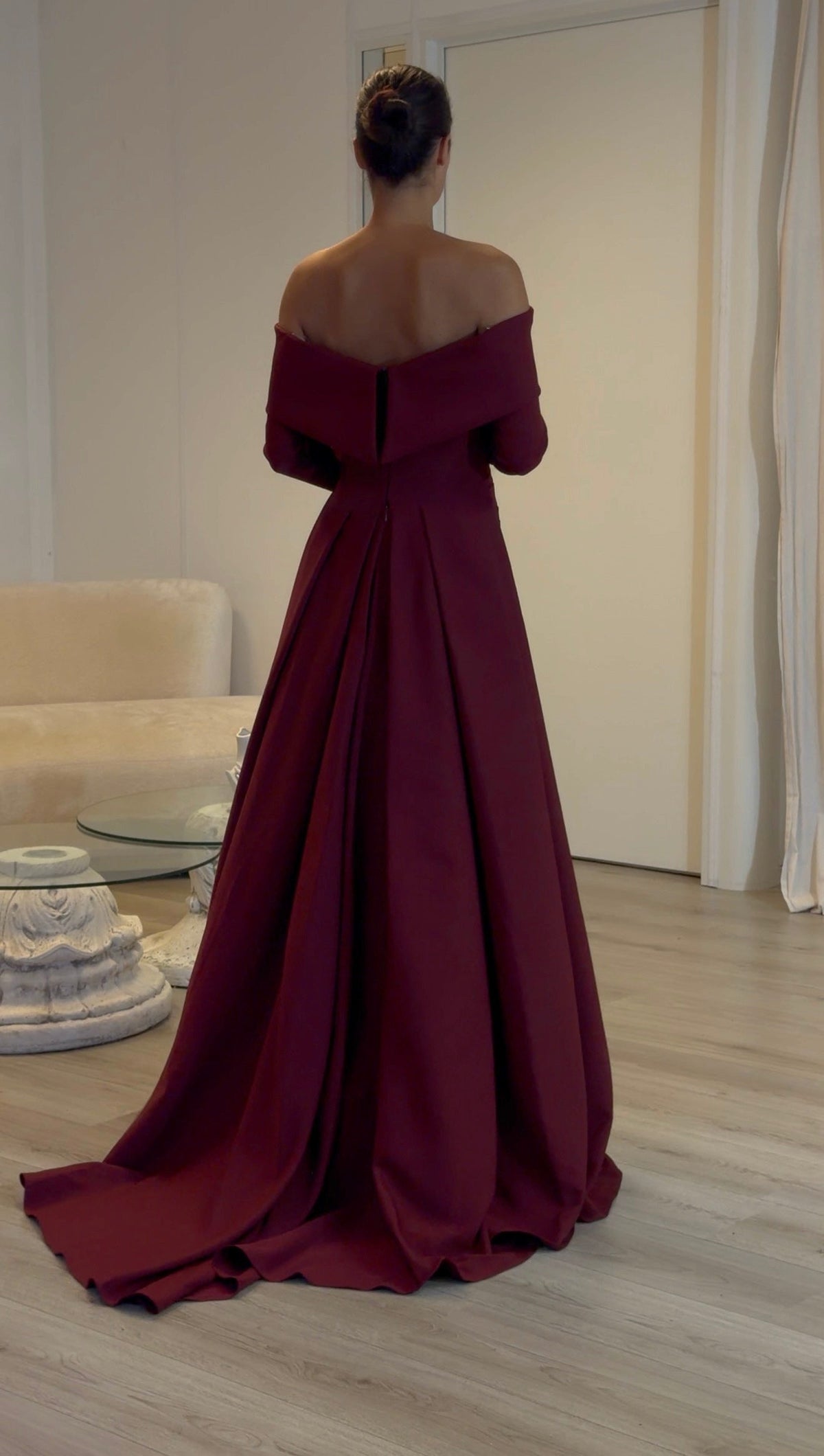 Off-the-Shoulder Pleated Waist Gown with Train