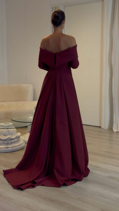 Off-the-Shoulder Pleated Waist Gown with Train