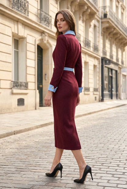Collared Midi Sheath Dress with Belt