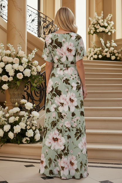 Ruched Waist Floral Chiffon Maxi Dress