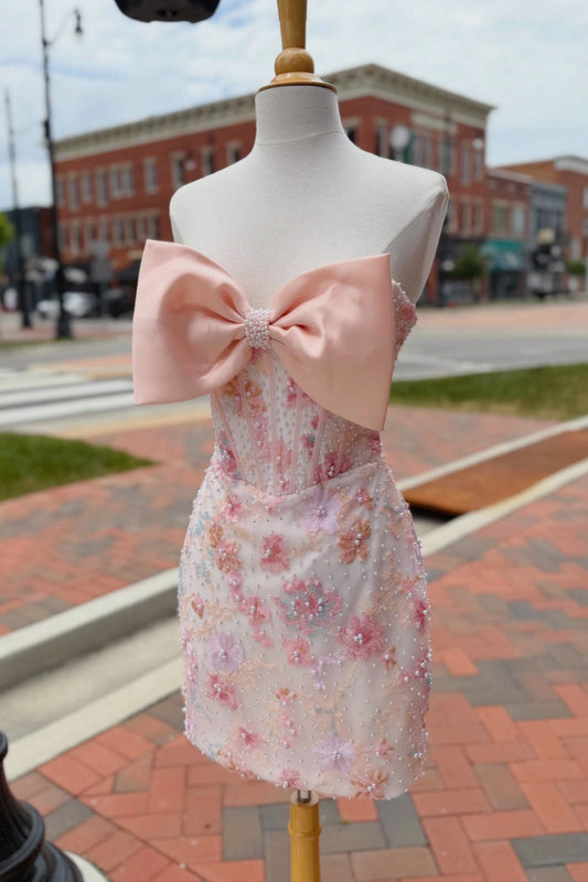 Floral Embroidered Corset Mini Dress with Bow