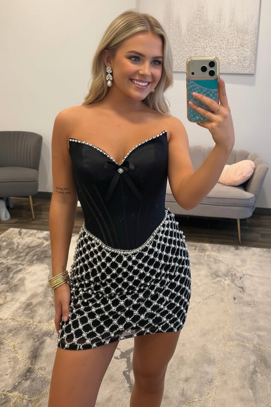 Strapless Corset Mini Dress with Pearl Mesh Skirt