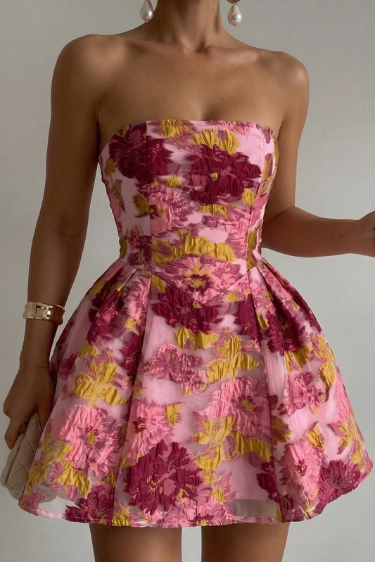 Strapless Floral Jacquard Mini Dress with Lace-Up Back