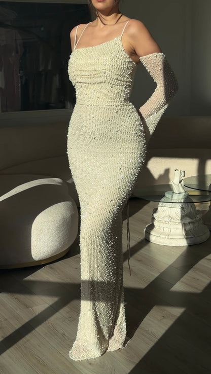 Pearl Embellished Gown with Detachable Sleeves