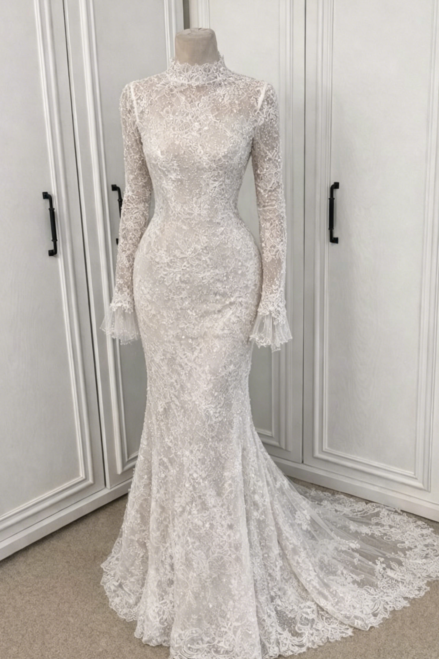 High Neck Lace Mermaid Wedding Dress with Long Sleeves