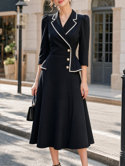 Braided Trim Peplum Midi Dress with Lapel Neckline