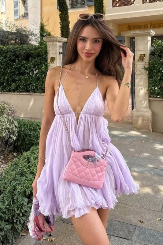Pleated Halter Chiffon Mini Dress