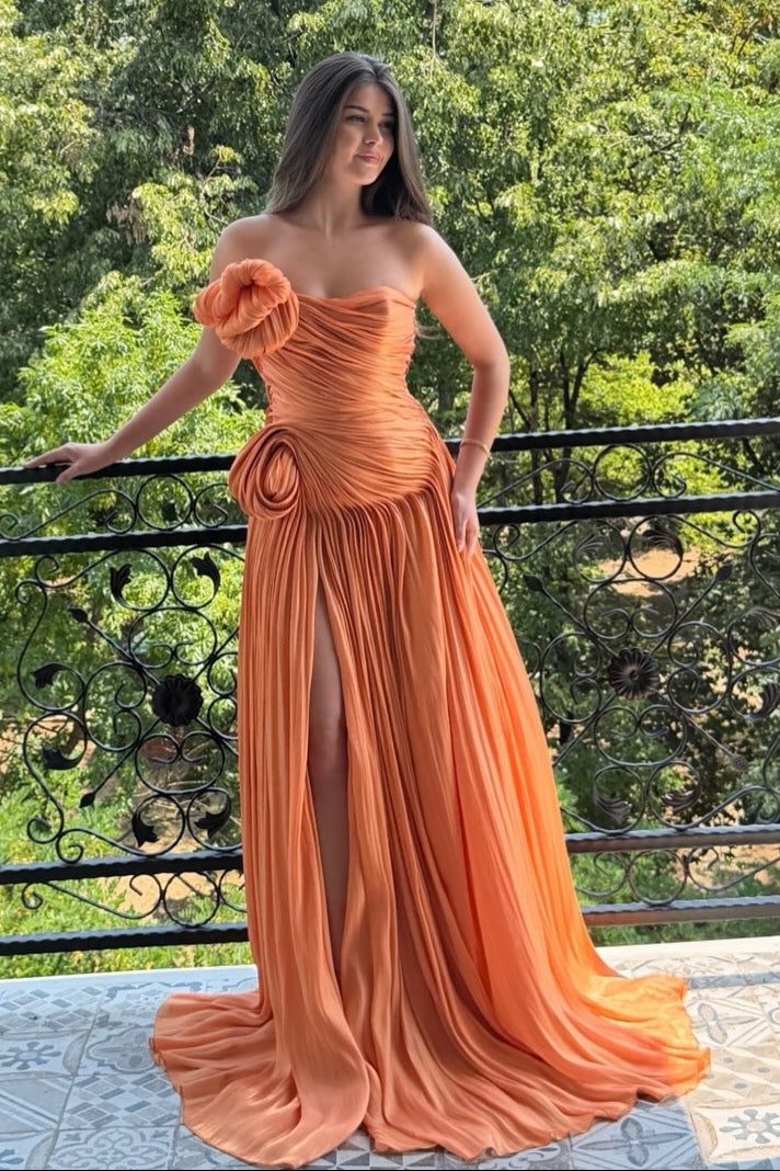 Strapless Pleated Satin Gown with 3D Flower Detail