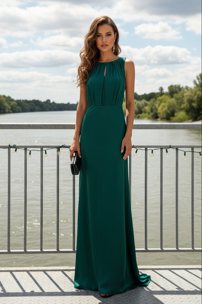 Sleeveless Keyhole Maxi Dress with Ruched Bodice