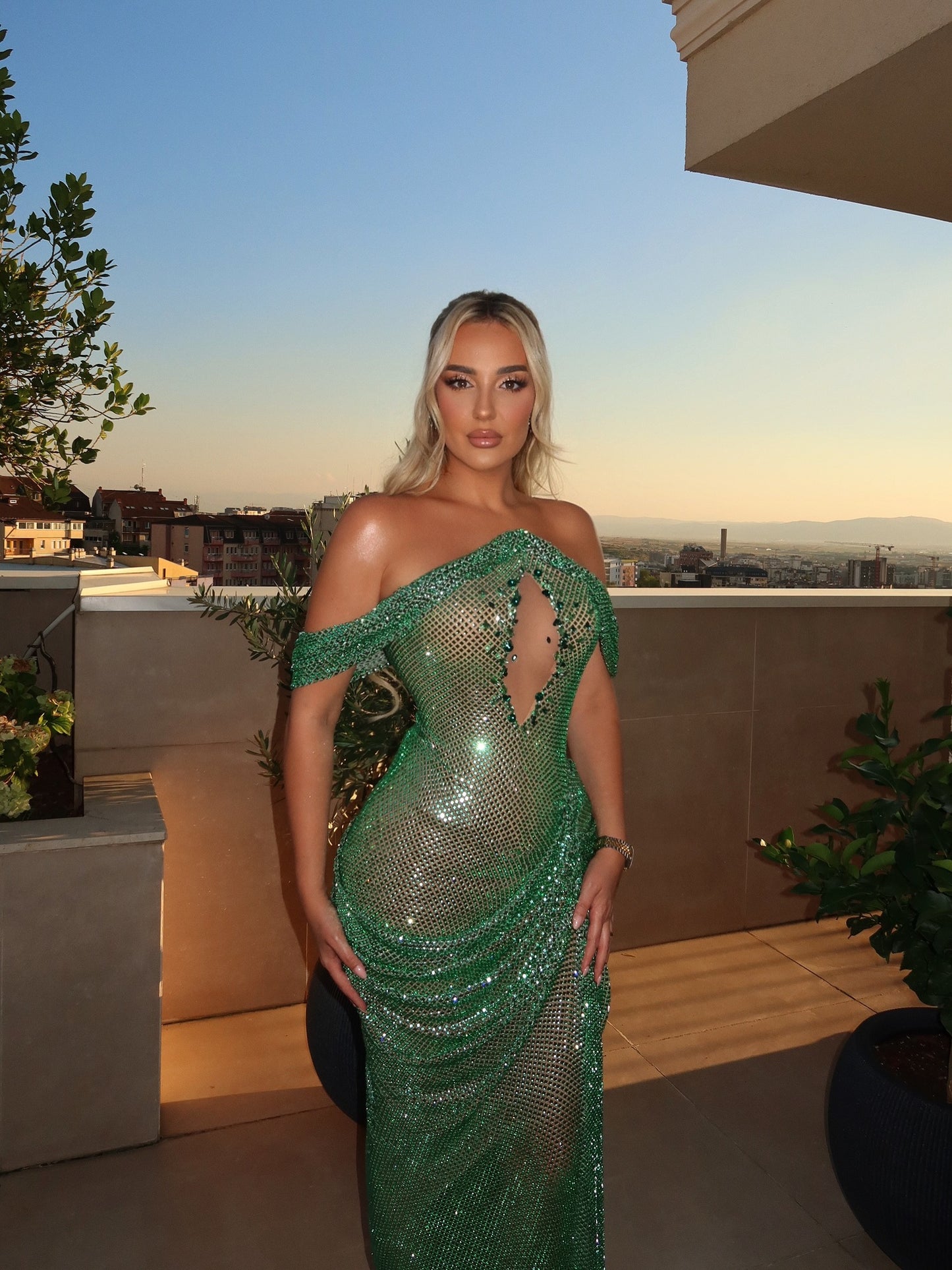 Rhinestone Keyhole Cutout Draped Column Gown