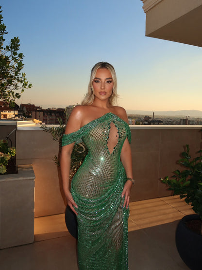 Rhinestone Keyhole Cutout Draped Column Gown