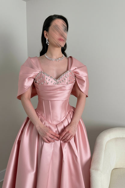 Off-Shoulder Beaded Satin Ball Gown with Pleated Skirt
