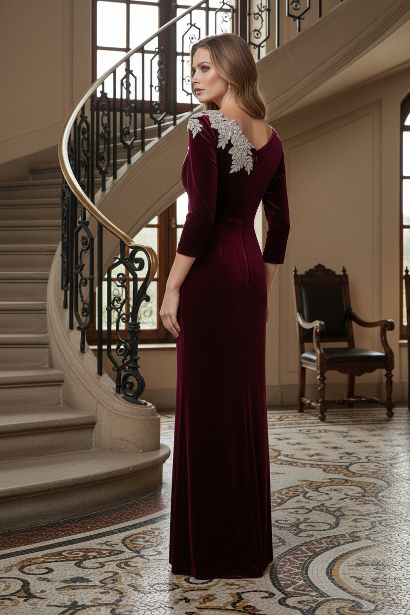 Embellished Velvet Column Gown with 3/4 Sleeves