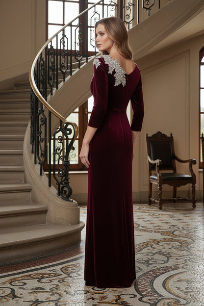 Embellished Velvet Column Gown with 3/4 Sleeves